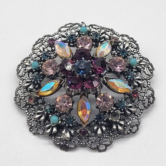 VTG Brooch Silver Tone AB Purple Pink Rhinestones w/ Blue Cabochon Accents *READ - Picture 1 of 8